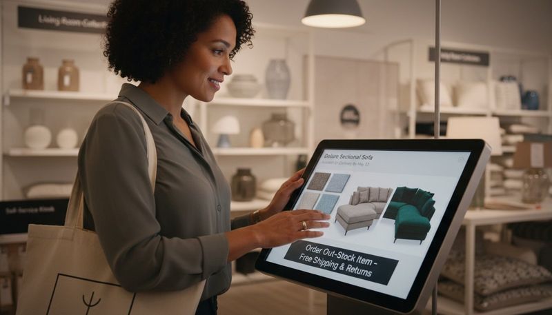 Customer interacts with an endless aisle kiosk to customize a sofa, showcasing a seamless digital shopping experience for out-of-stock items.