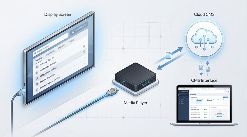 A modern infographic illustrating components of a digital building directory system with display screen media player and cloud connection.