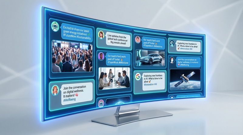 A digital illustration of a Twitter Wall displaying a collage of social media posts with avatars and text bubbles in a modern layout.