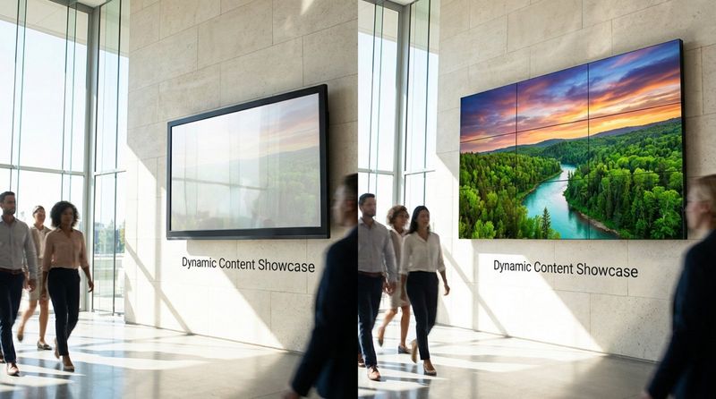 Comparison of a standard TV with glare and a high-brightness video wall displaying vibrant images in a sunny environment.