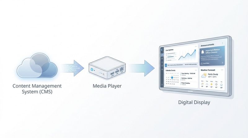 A modern infographic illustrating the core components of a digital bulletin board system showing content management, media player, and digital display.