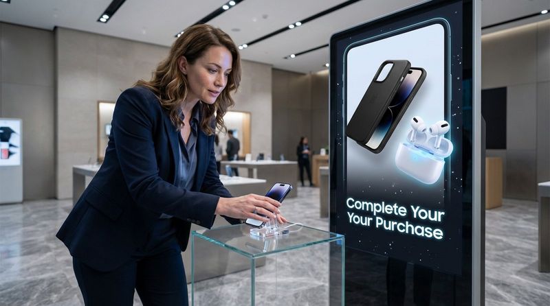 A retail scene showing a customer examining a smartphone on a display stand with a digital upsell screen promoting accessories.