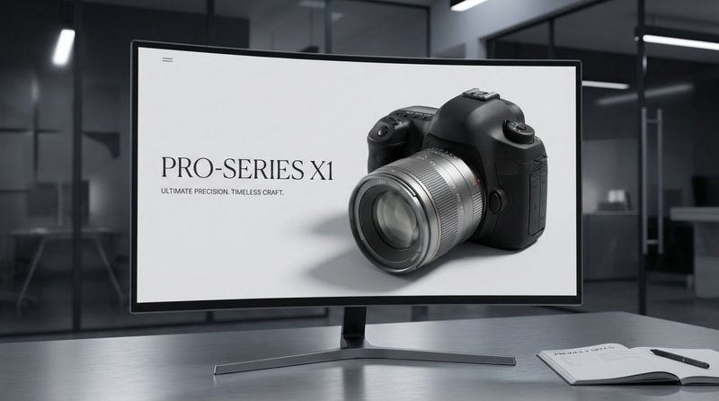 A photorealistic image of a high-end camera displayed on a 4K screen showing detailed textures and markings.