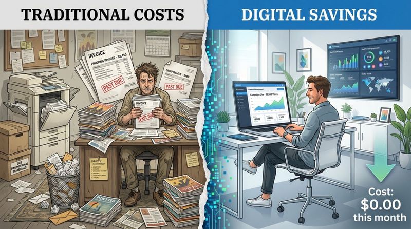 Split-screen illustration contrasting traditional printing costs with digital efficiency, showing cluttered desk with paper on one side and organized digital workspace on the other.