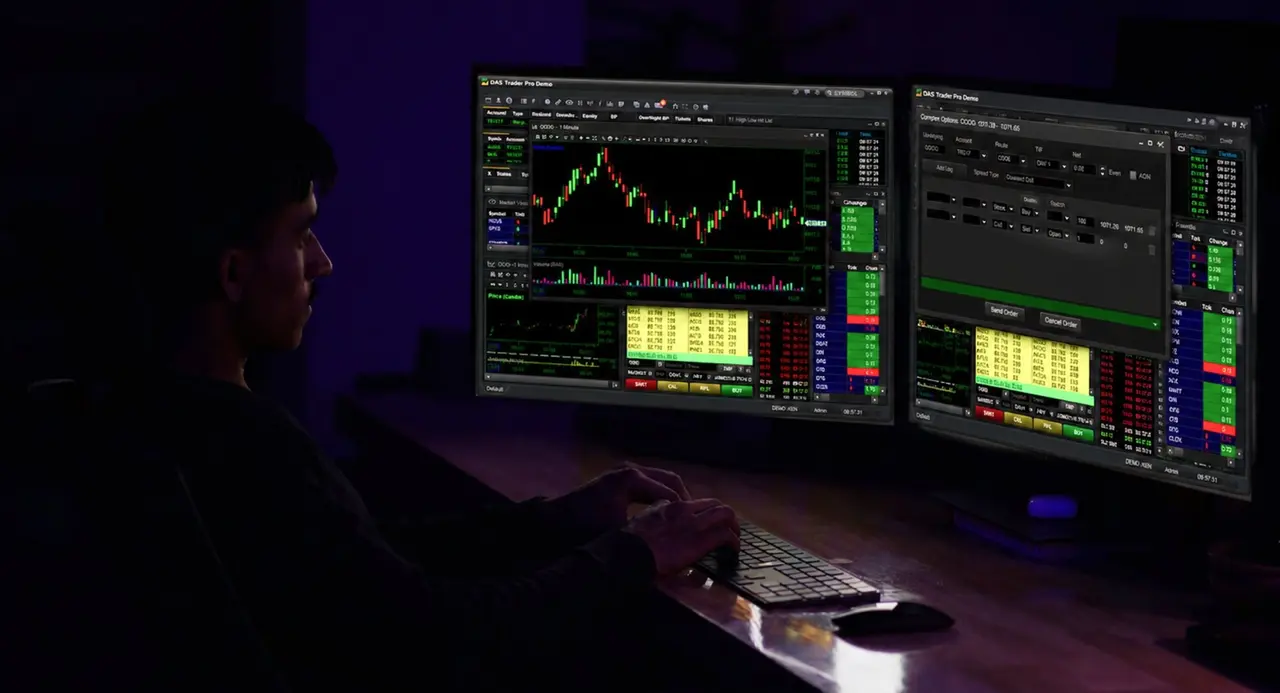 Trader working on dual monitors with the SageTrader Pro platform
