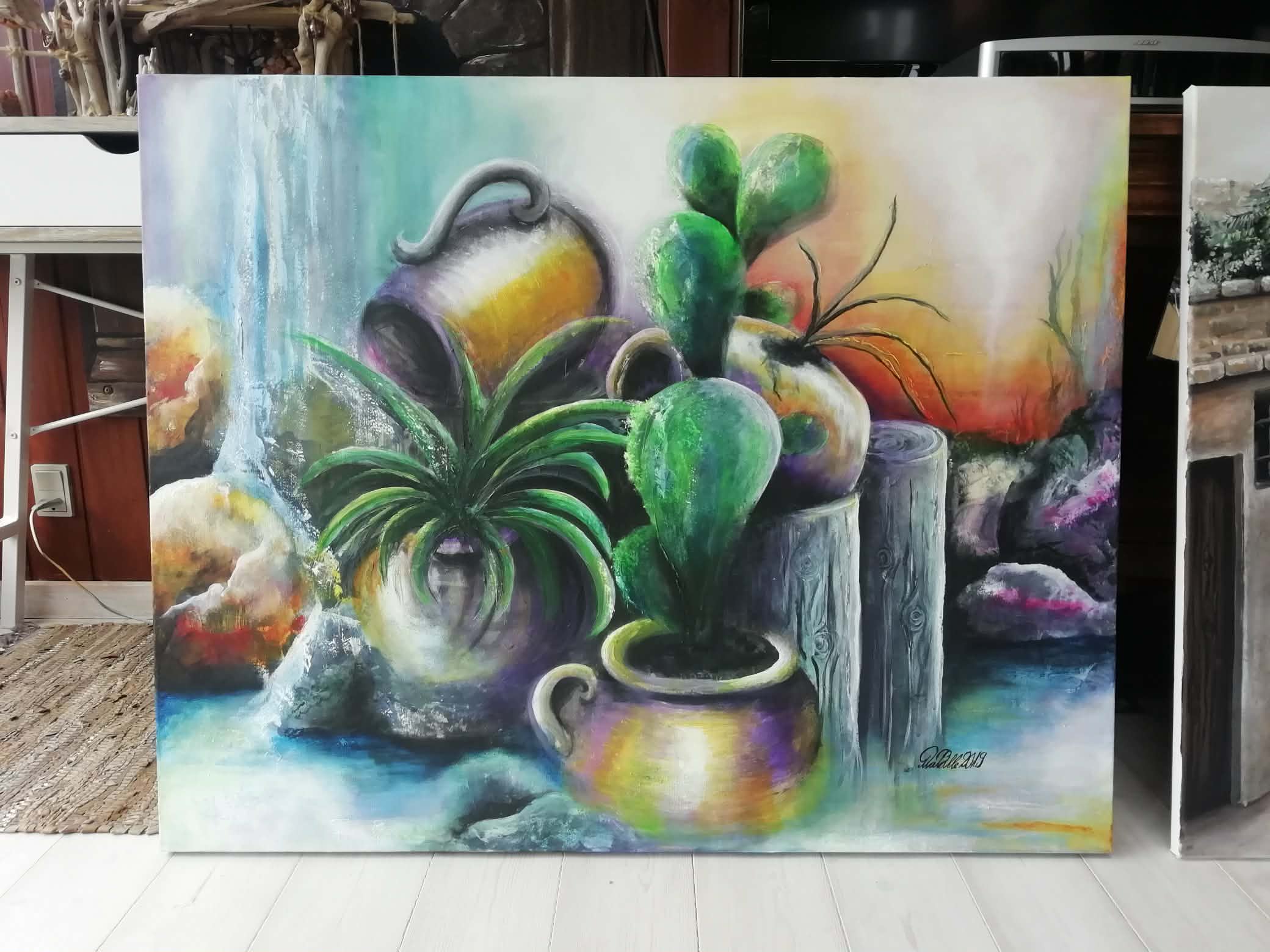 Akrylmaleri af krukker med kaktusser. Mål: 80x100x4