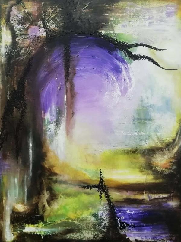 Akrylmaleri i grønne og lilla nuancer. Mål: 60x80x4