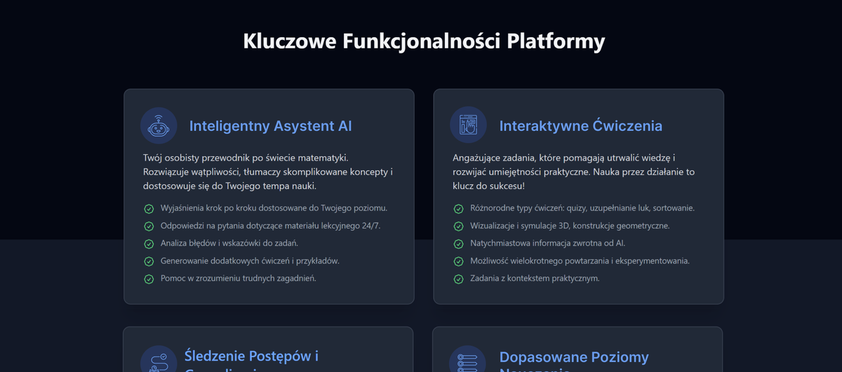 Podstrona funkcji KorepetytorAI: karty Inteligentny Asystent AI, Interaktywne Ćwiczenia, Śledzenie Postępów i Grywalizacja, Dopasowane Poziomy Nauczania