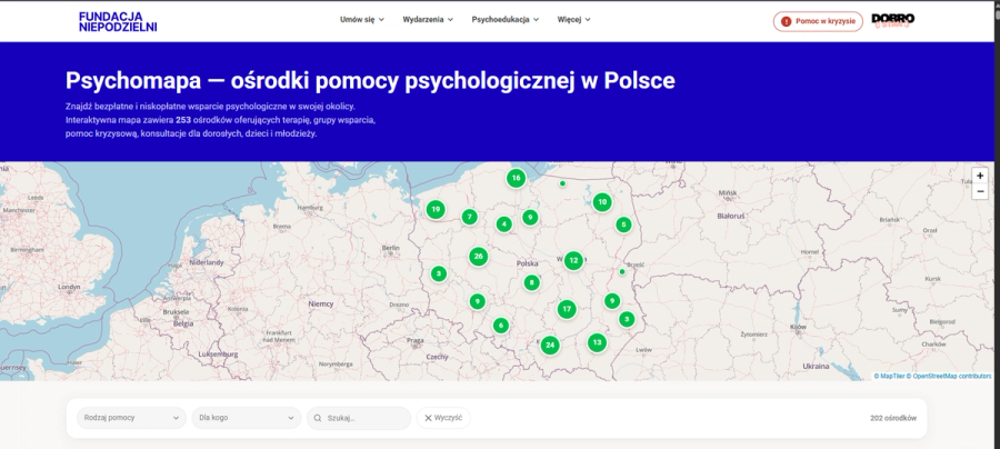 Psychomapa Fundacji Niepodzielni: interaktywna mapa Polski z ośrodkami pomocy psychologicznej pogrupowanymi w regiony
