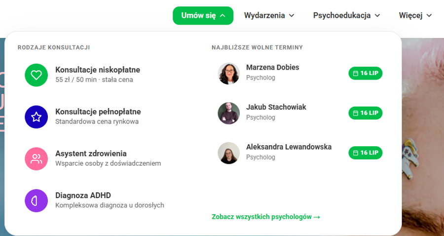 Rozwinięte menu strony Fundacji Niepodzielni: rodzaje konsultacji oraz najbliższe wolne terminy psychologów