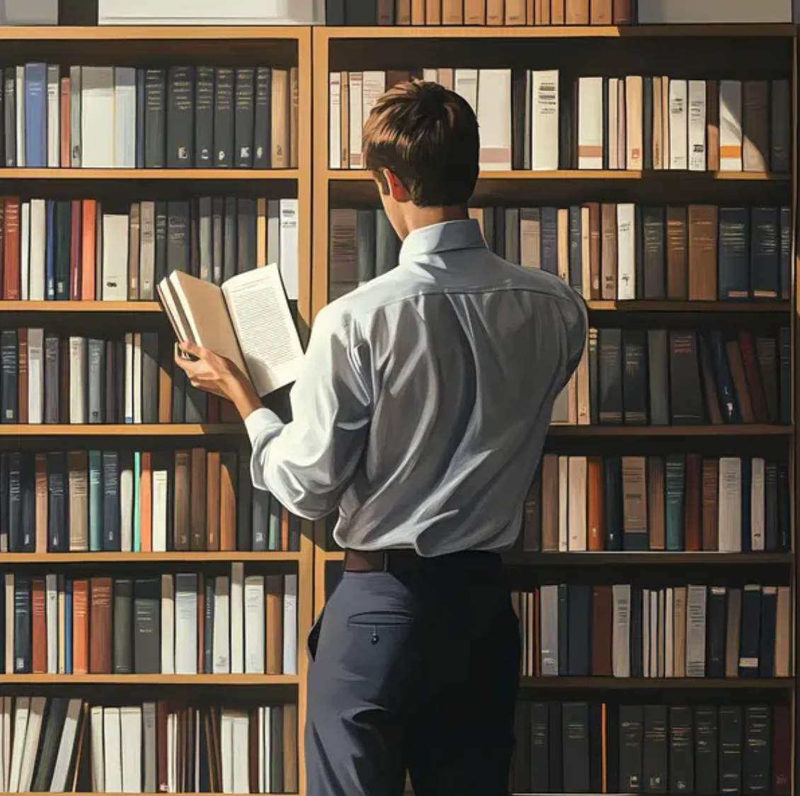 Student reading a book in a library, representing academic study, research, and lifelong learning.