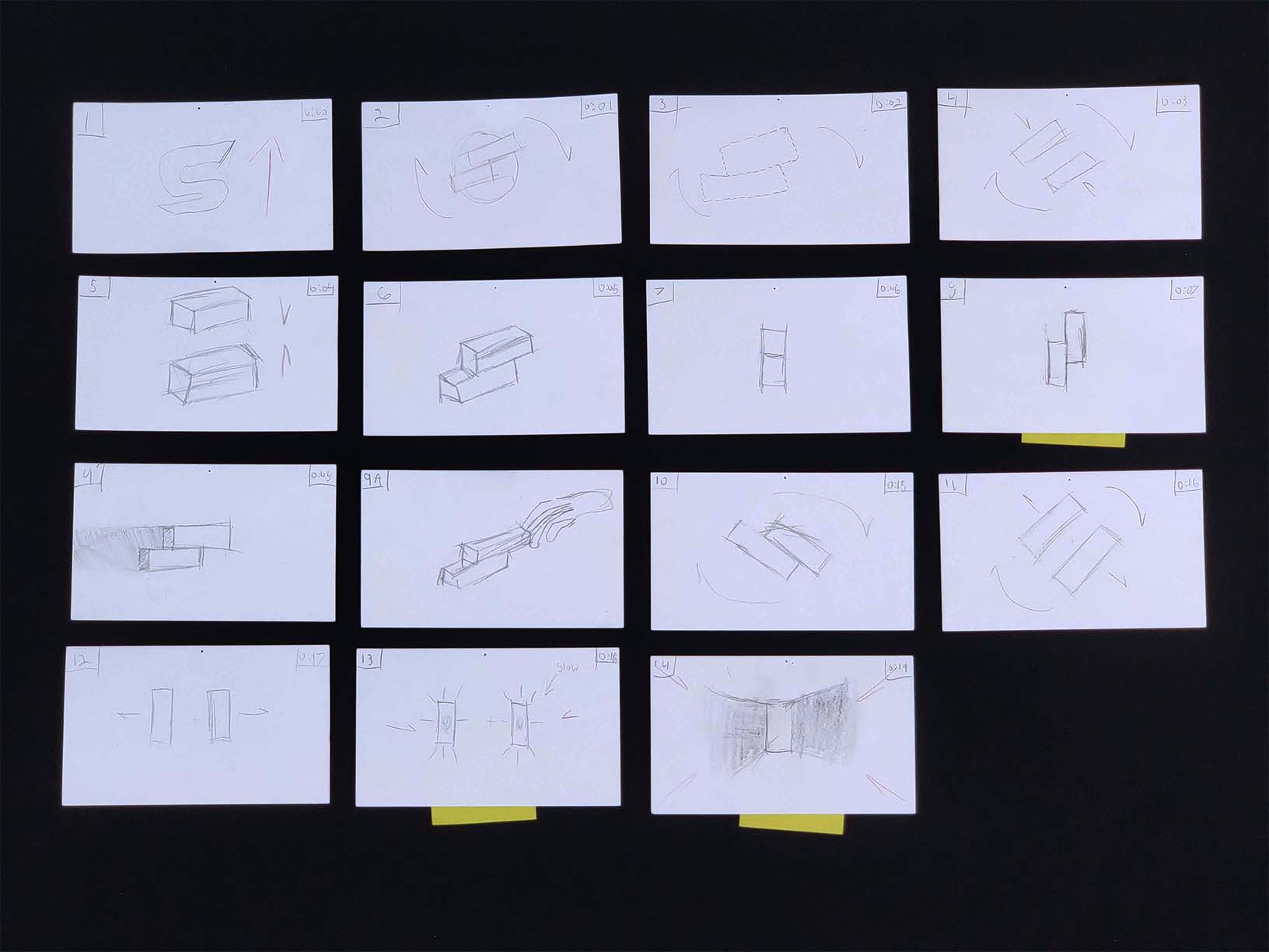 Act 1 storyboard. I marked the cards with yellow sticky notes to indicate them as styleframe contenders.