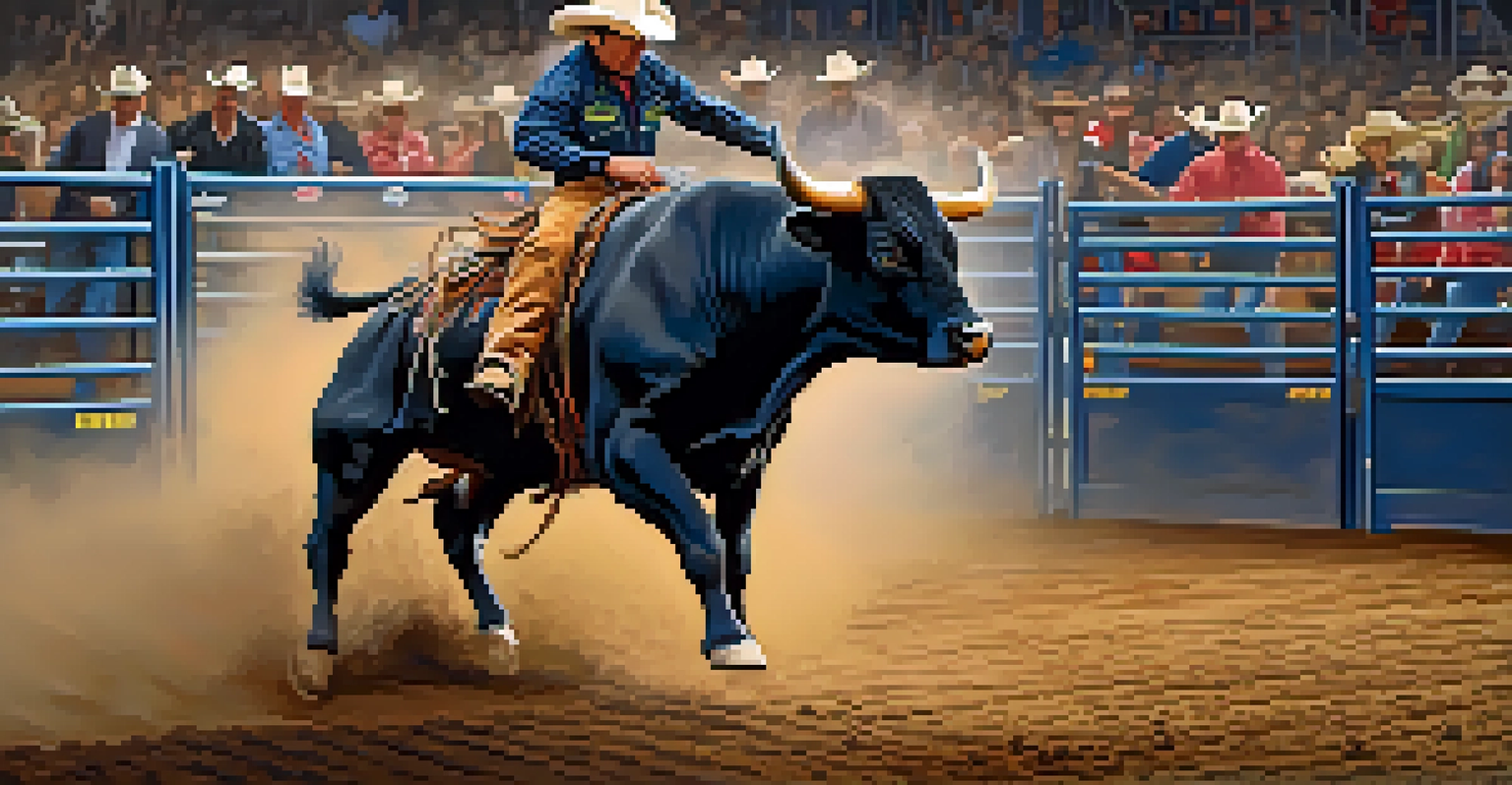 A bull rider competing at Rodeo Houston with an excited crowd in the background.