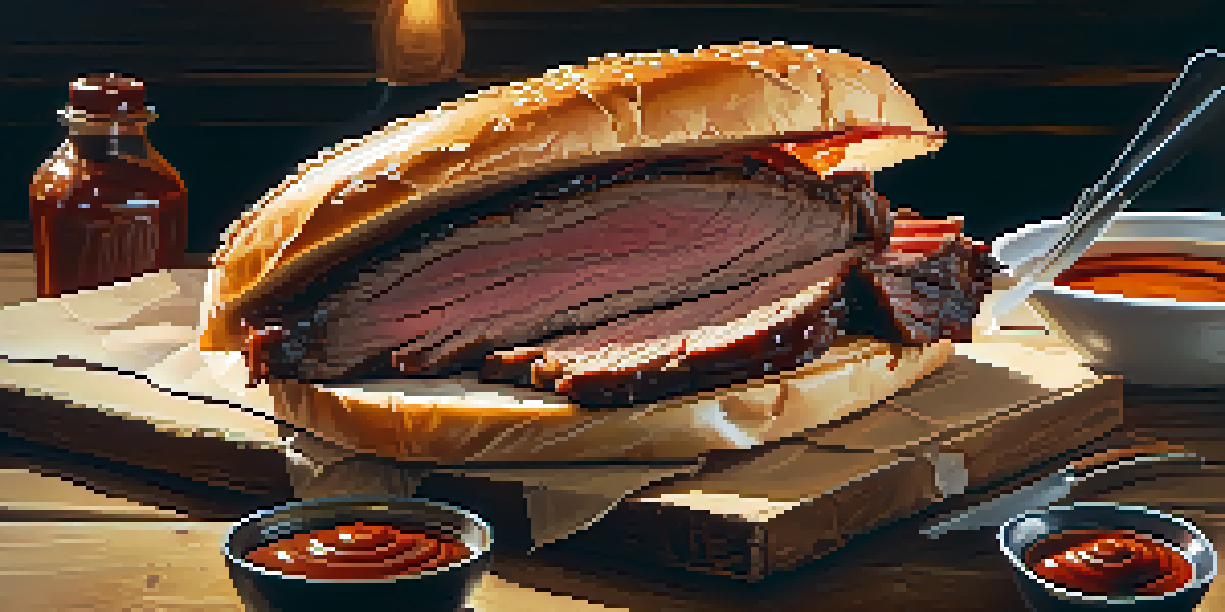 A close-up of a smoked brisket on butcher paper, with barbecue sauce and a rustic wooden background.