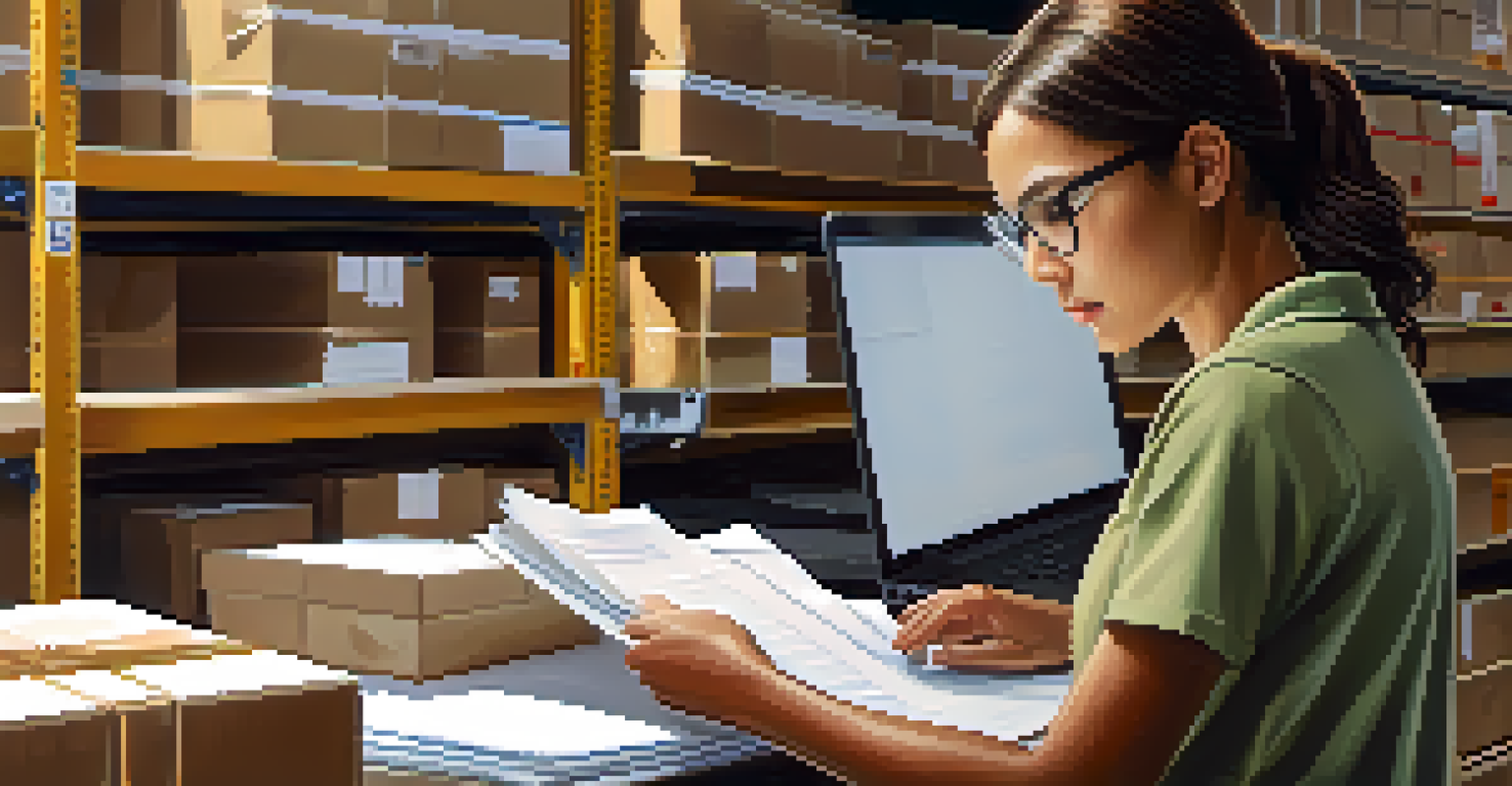 A close-up of a female worker in a warehouse, checking shipping documents.