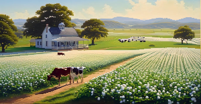 A picturesque rural landscape of mid-19th century Texas with cotton fields, a plantation house, and grazing cows under a bright blue sky.