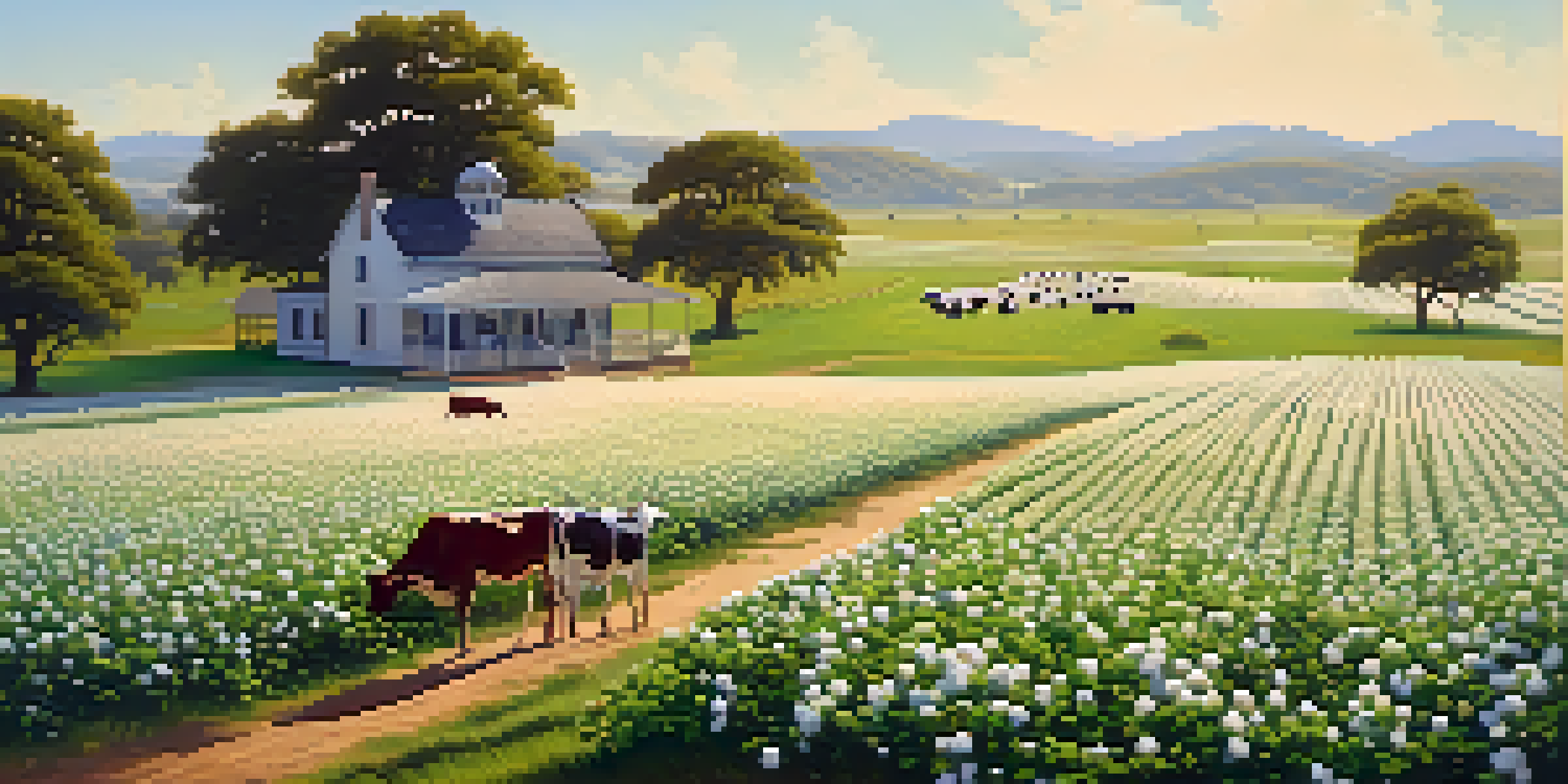 A picturesque rural landscape of mid-19th century Texas with cotton fields, a plantation house, and grazing cows under a bright blue sky.