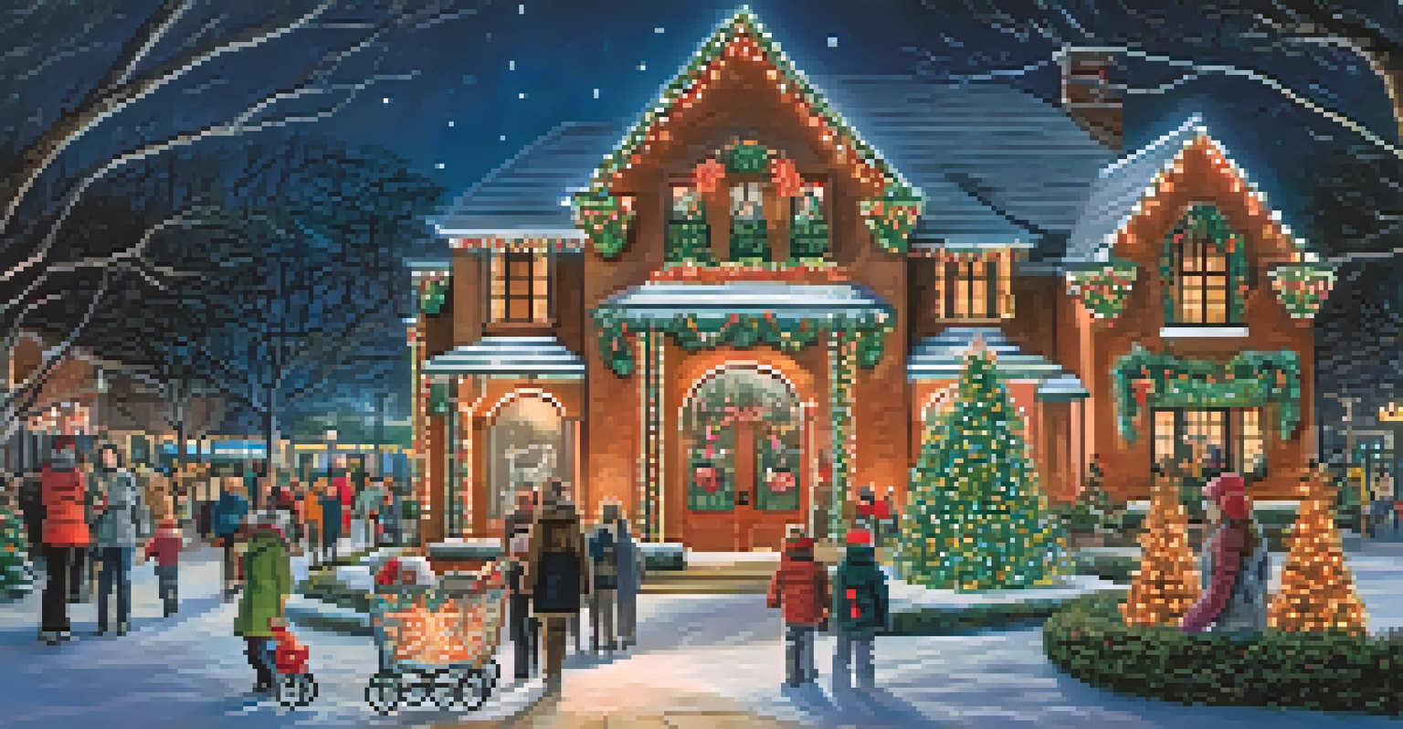 A festive holiday light display at the Fort Worth Zoo, with families walking along illuminated pathways surrounded by decorations.