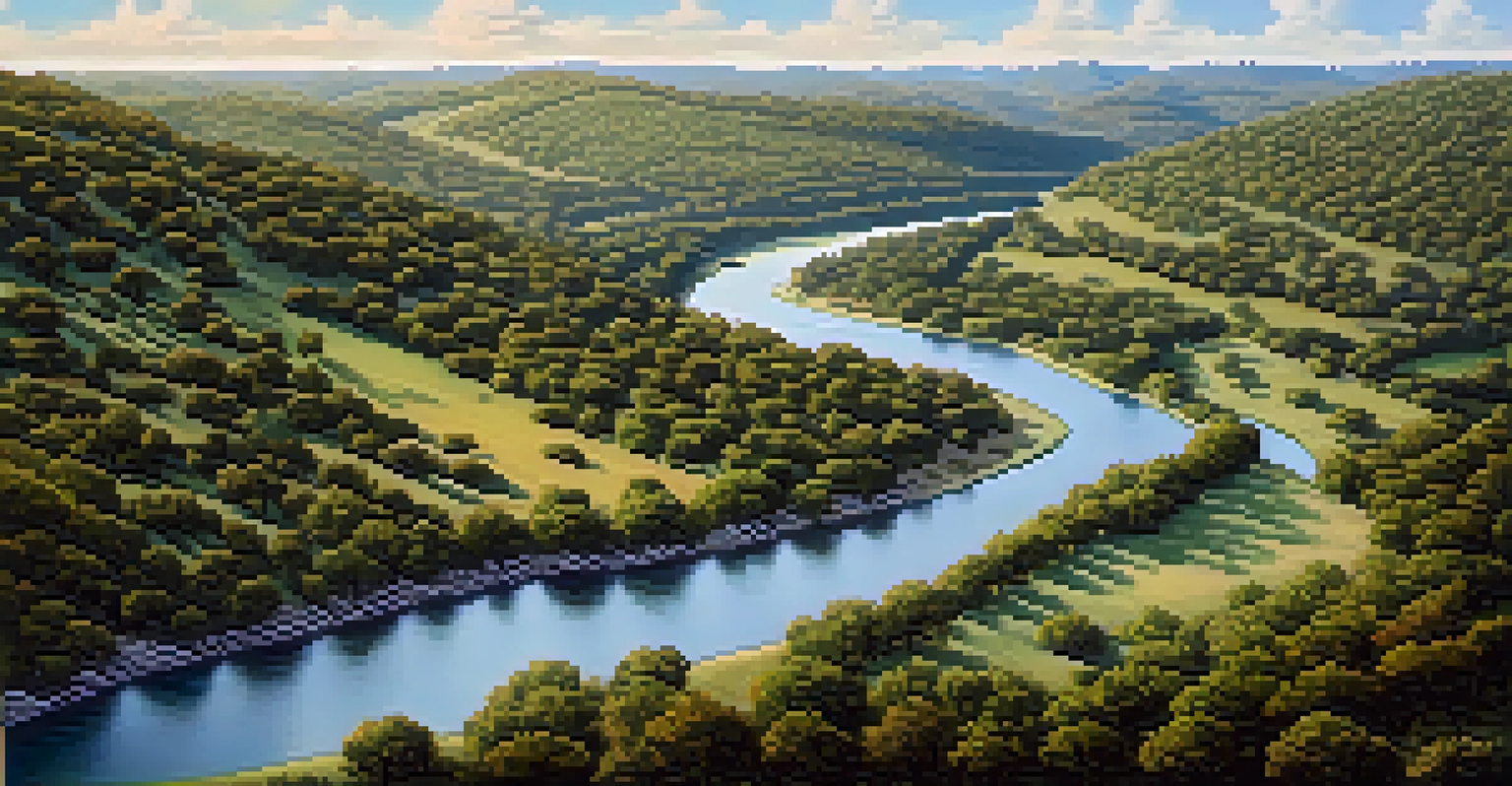 An aerial view of the Hill Country Wildlife Corridor in Texas, showcasing hills, forests, and a river.