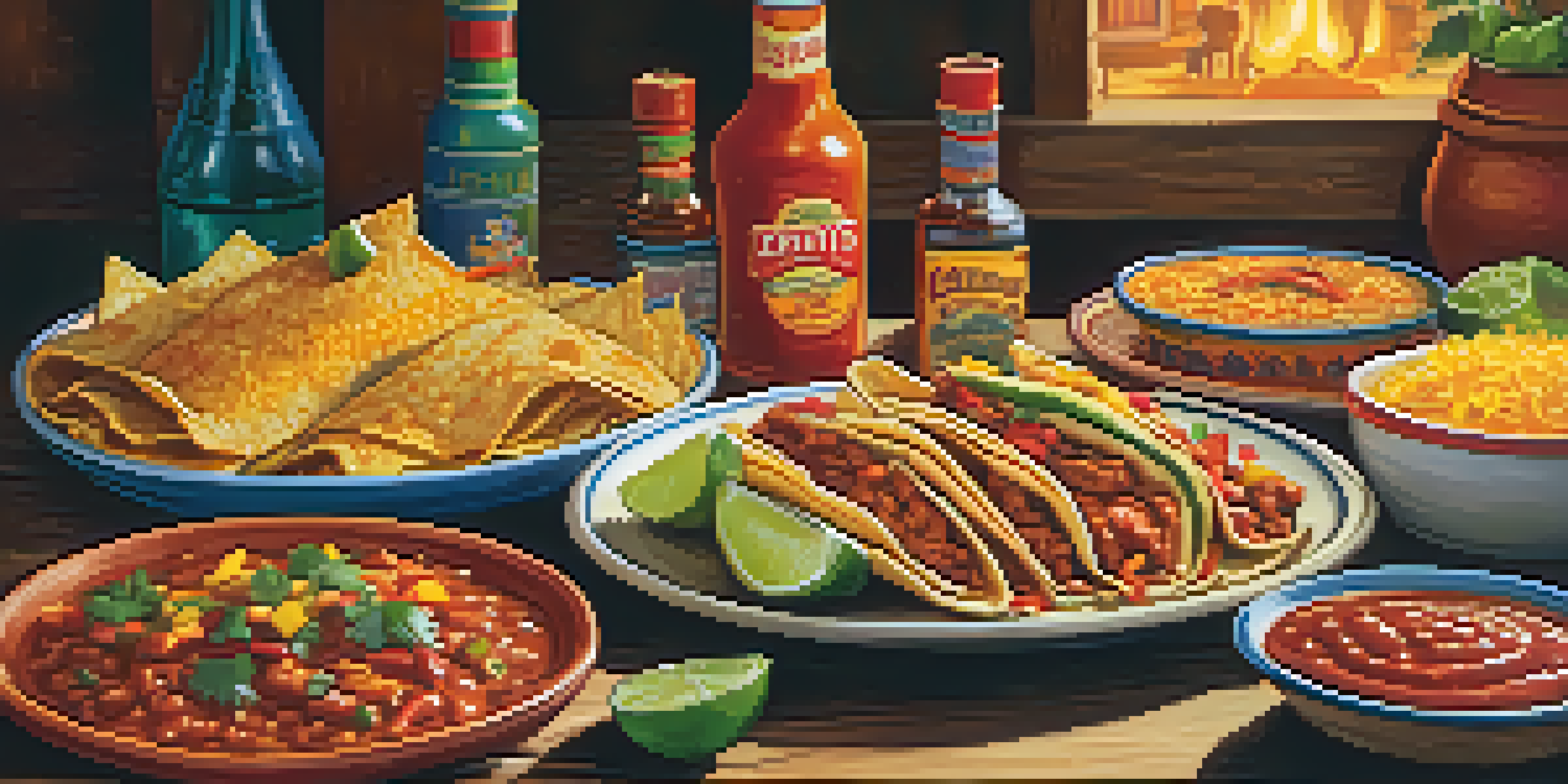 A Tex-Mex meal featuring sizzling fajitas, cheesy enchiladas, and zesty salsa on a rustic table, with a lively cantina atmosphere in the background.