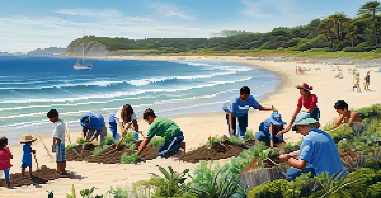 Local community members engaging in a coastal conservation project by planting vegetation on the beach.