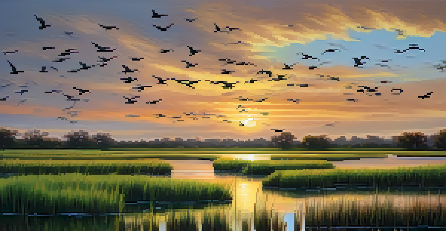 A restored wetland area in Central Texas, bustling with migrating birds and vibrant sunset colors.
