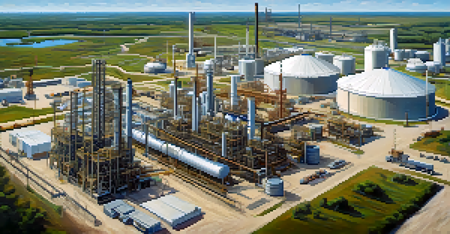 An aerial perspective of a Texas oil and gas facility, showing industrial buildings and pipelines under a clear blue sky.
