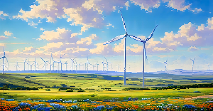 A wide view of Texas with wind turbines and solar panels in a sunny landscape filled with wildflowers.