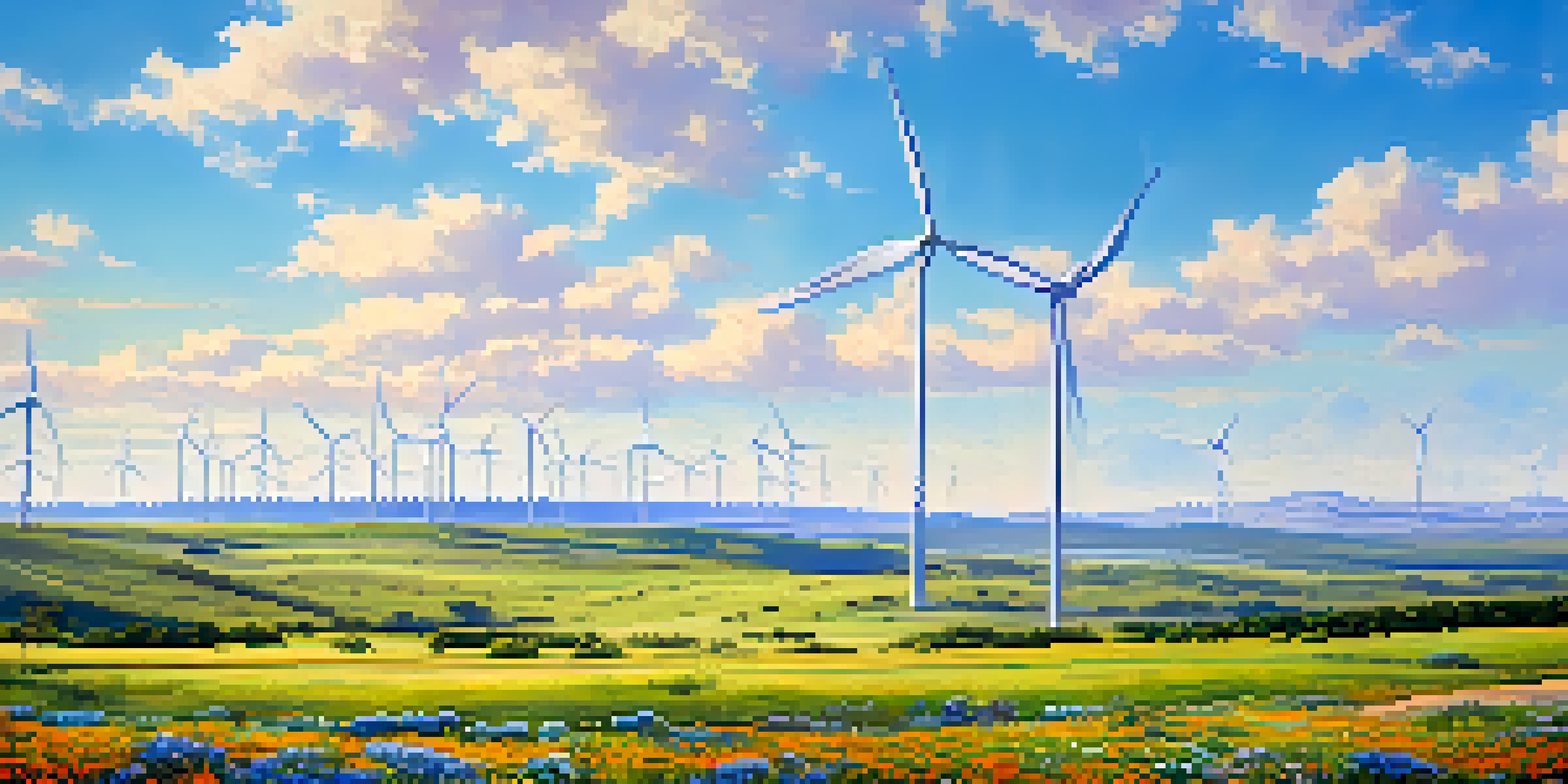 A wide view of Texas with wind turbines and solar panels in a sunny landscape filled with wildflowers.