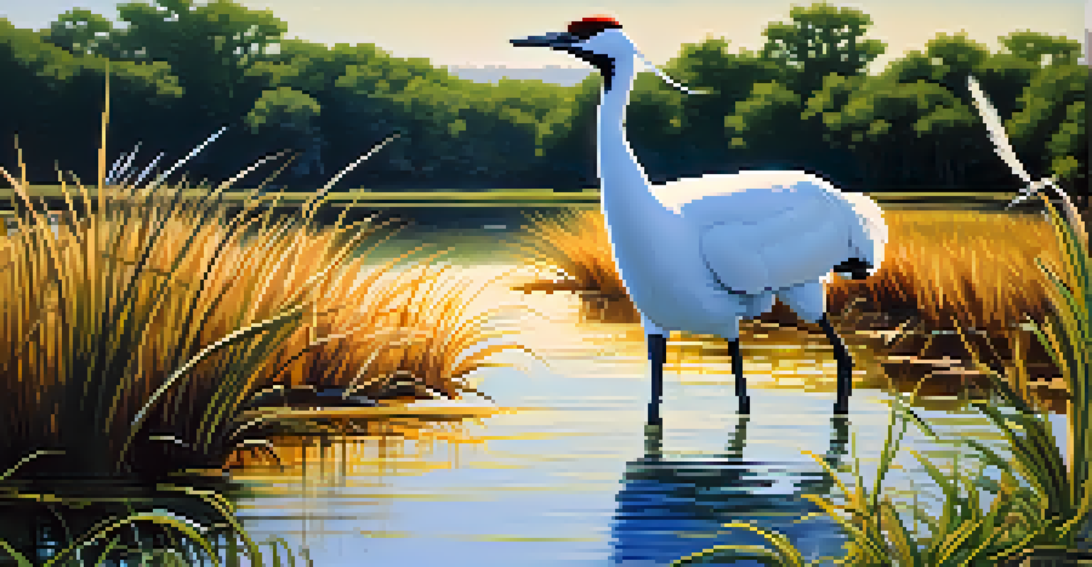 A whooping crane in a lush Texas wetland, showcasing successful conservation efforts.