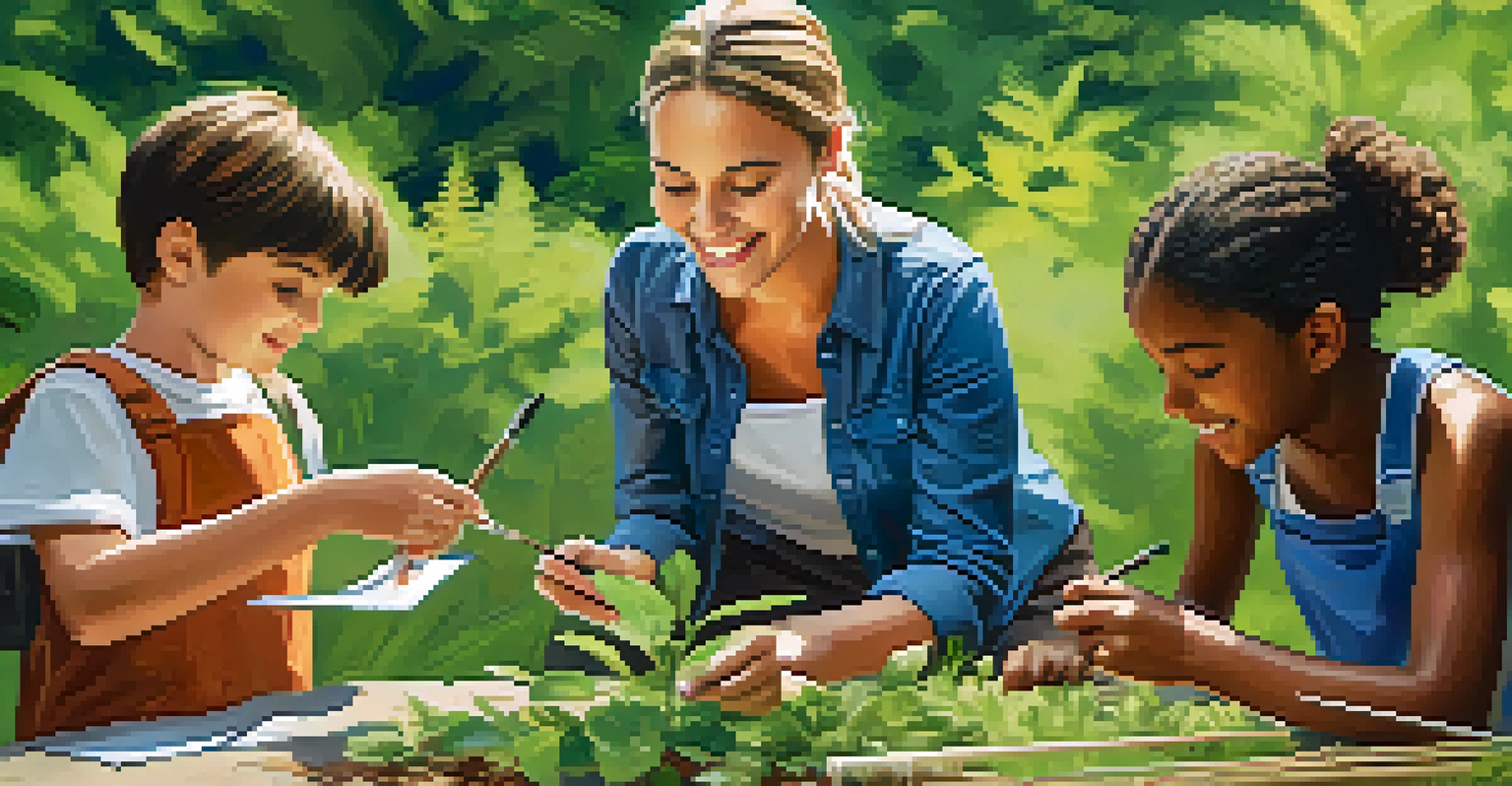 A teacher assisting students in an outdoor STEAM activity, with greenery and a clear sky in the background.