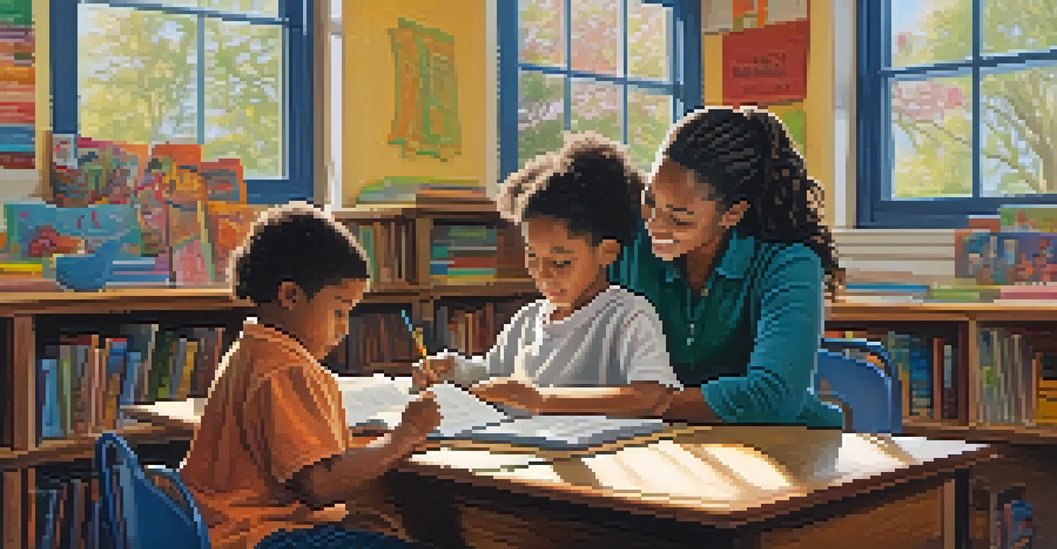 A parent volunteering in a Texas classroom, assisting children with reading, surrounded by educational materials and warm light.