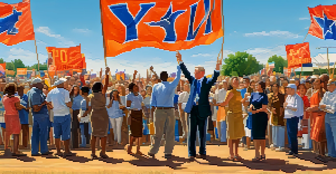 A lively political rally in Texas with diverse supporters holding colorful signs and banners under a clear blue sky.