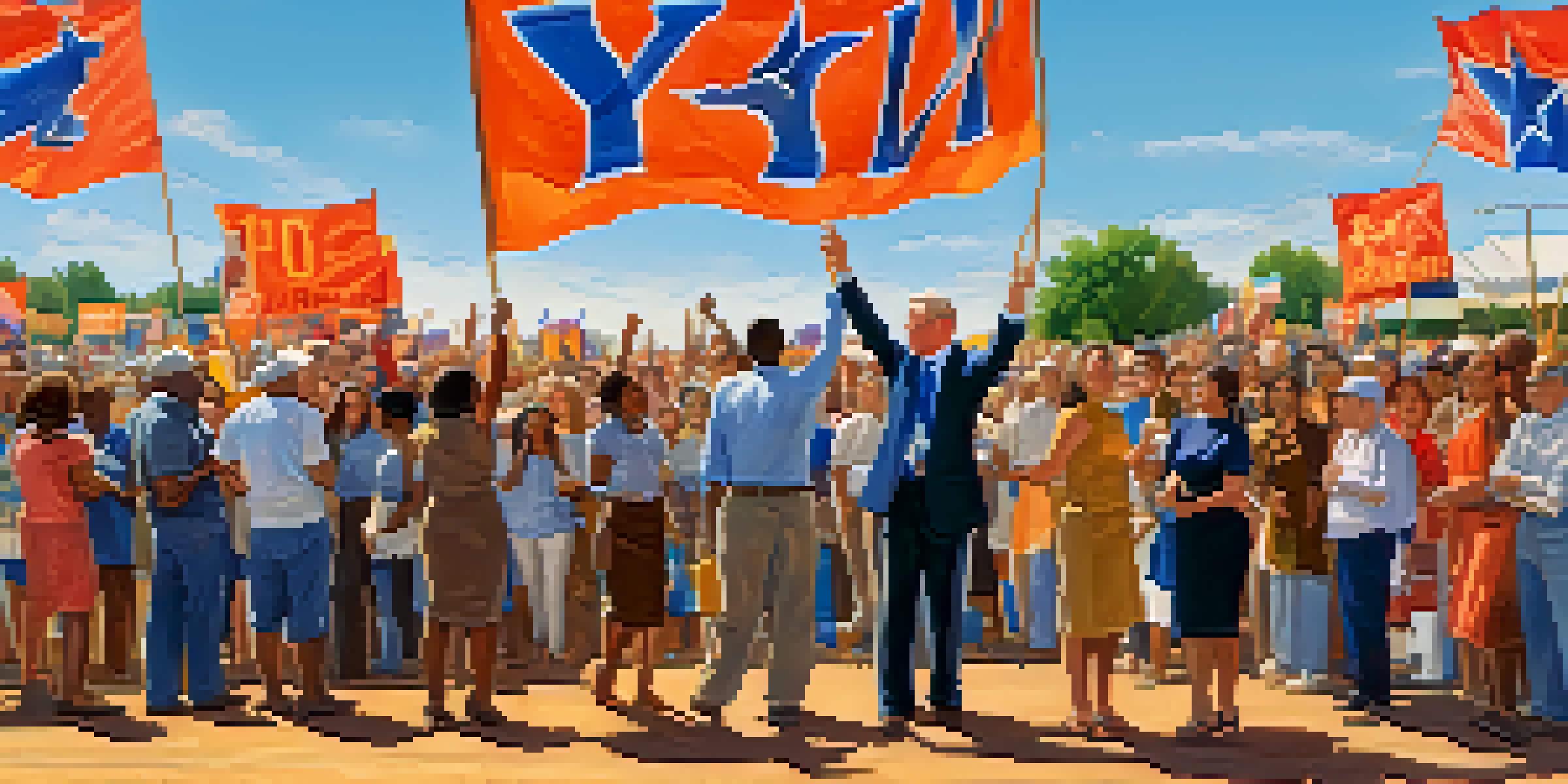 A lively political rally in Texas with diverse supporters holding colorful signs and banners under a clear blue sky.