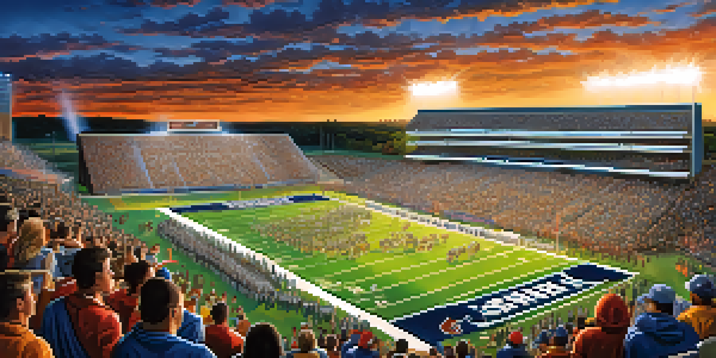 A lively high school football game in Texas with a packed stadium, enthusiastic fans, and players on a green field under the twilight sky.