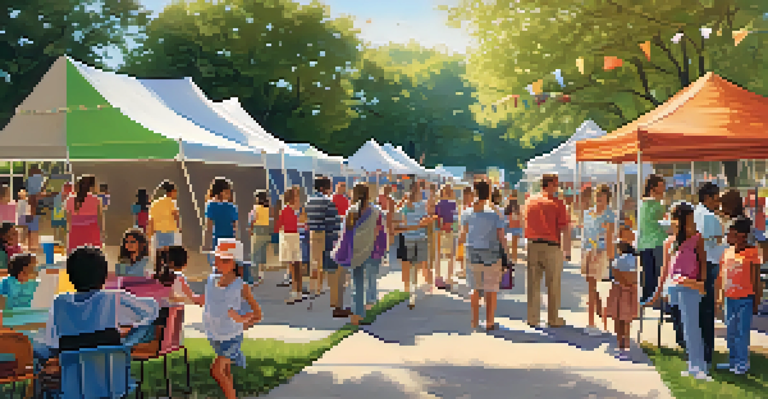 A community event in Texas with families engaging with educators under colorful tents, showcasing various educational programs and activities for children.