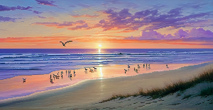 A picturesque sunset at Port Aransas with vibrant colors in the sky and a family building a sandcastle on the beach.