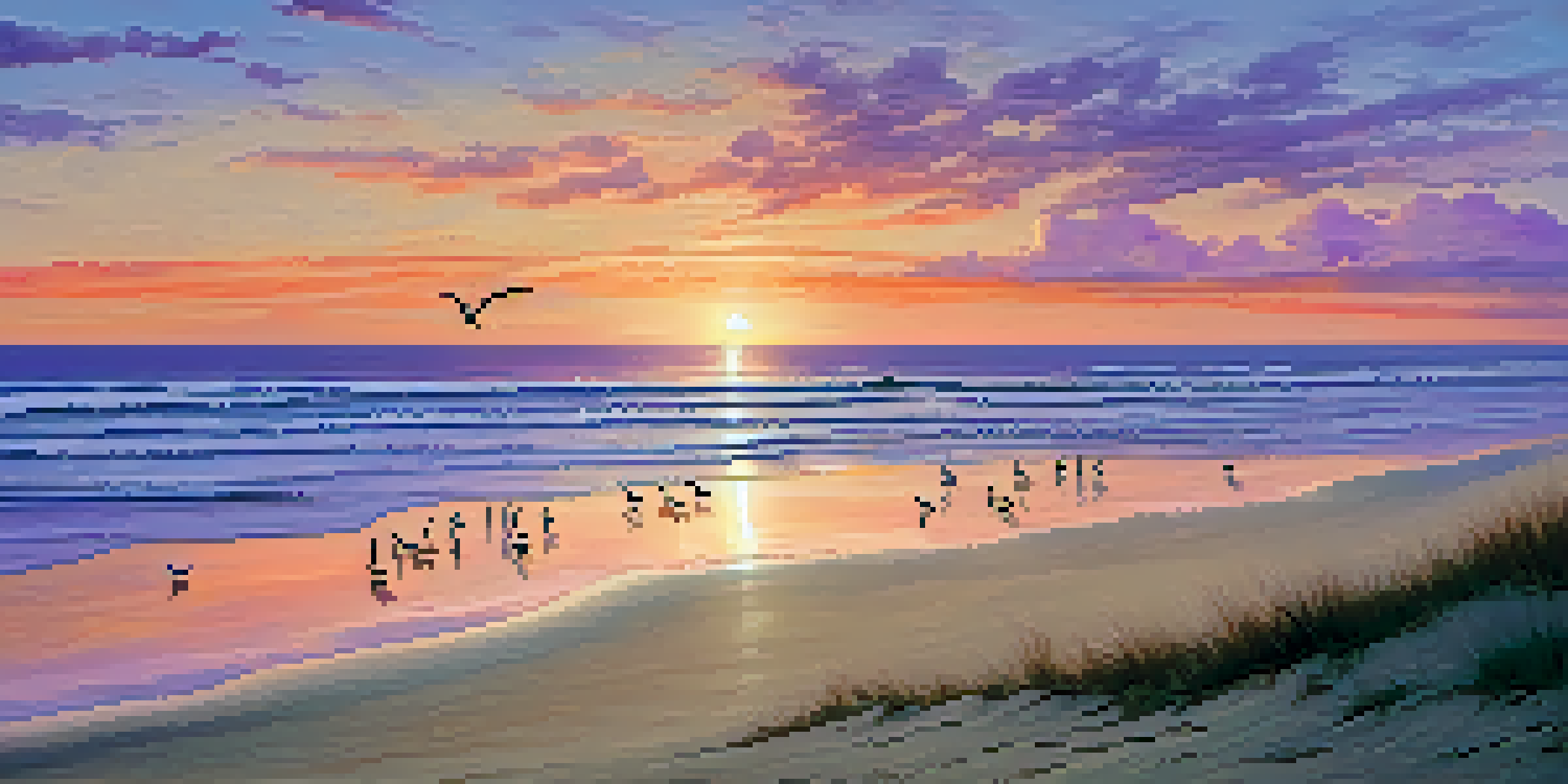 A picturesque sunset at Port Aransas with vibrant colors in the sky and a family building a sandcastle on the beach.