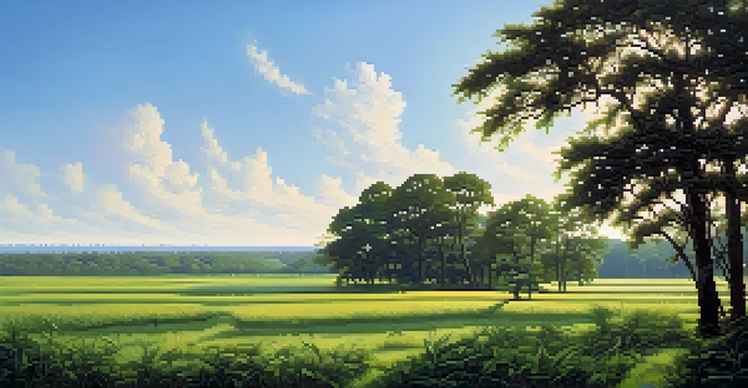 A vibrant landscape of East Texas with lush greenery, cotton fields, and a clear blue sky, highlighting its humid subtropical climate.