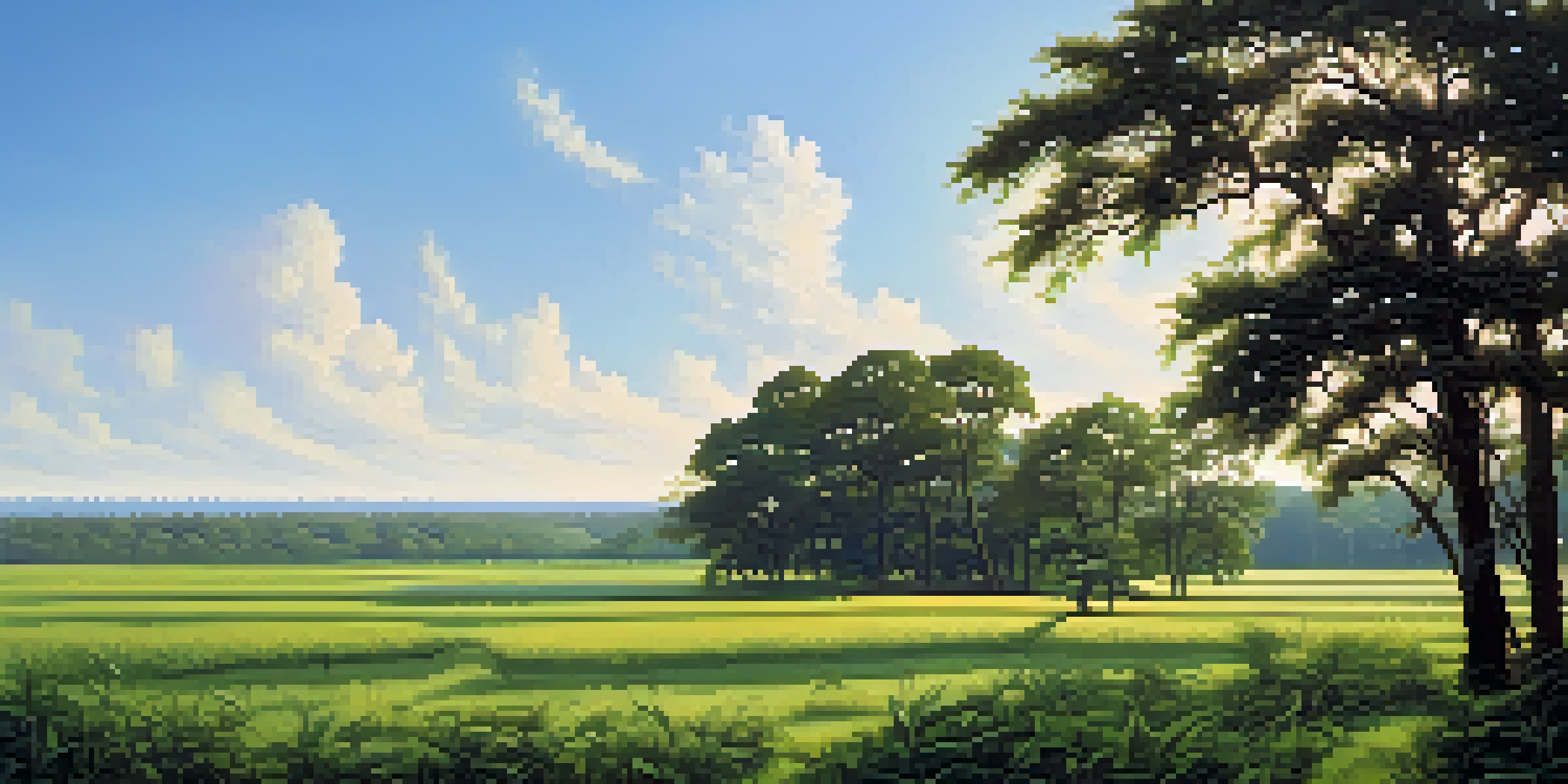 A vibrant landscape of East Texas with lush greenery, cotton fields, and a clear blue sky, highlighting its humid subtropical climate.