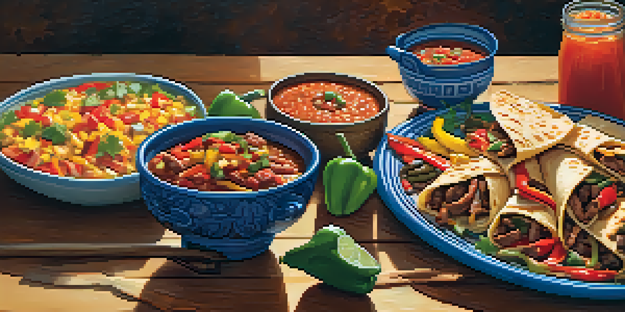 A colorful Tex-Mex feast on a wooden table with fajitas, quesadillas, and various salsas in a cozy kitchen setting.