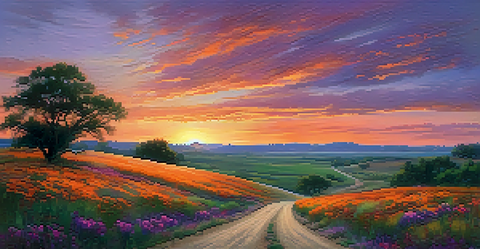 A scenic sunset view of Texas landscape with colorful sky and wildflower field.