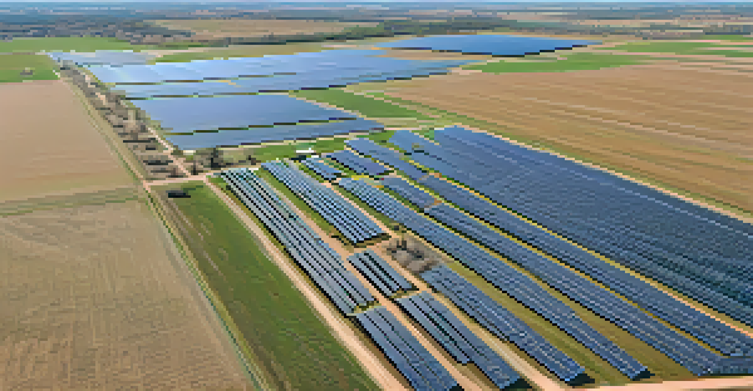 Aerial view of a solar farm in Texas with rows of solar panels and green fields.