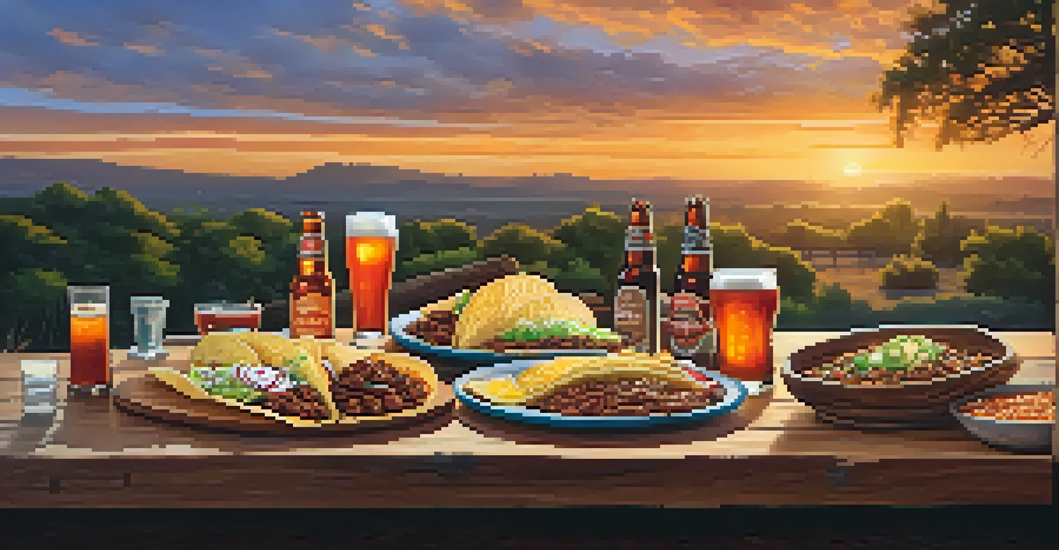 A dining table with Texas cuisine and craft beer, set outdoors during sunset.