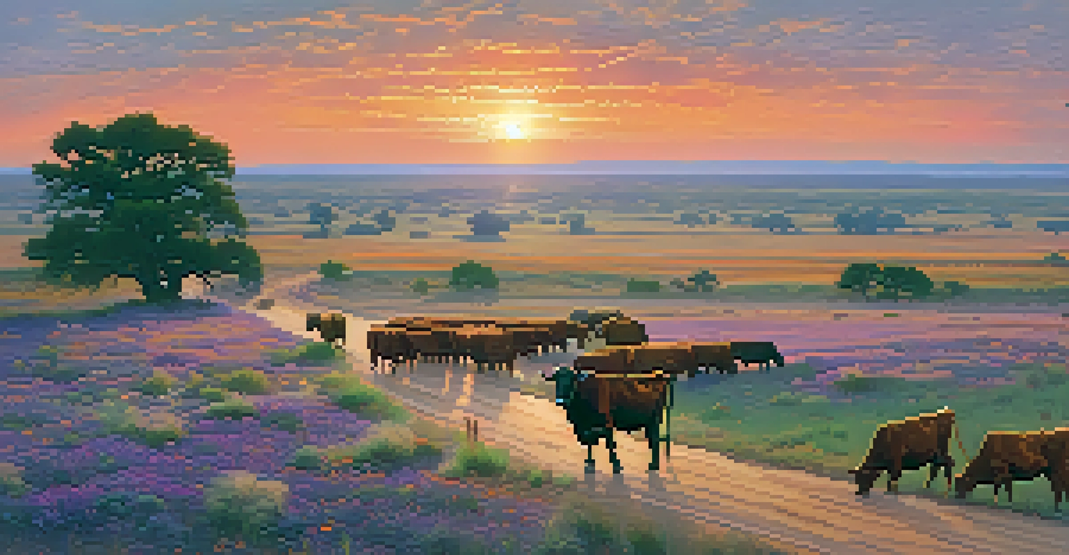 A vibrant sunset over the Texas Plains with wildflowers and grazing cattle in the foreground.