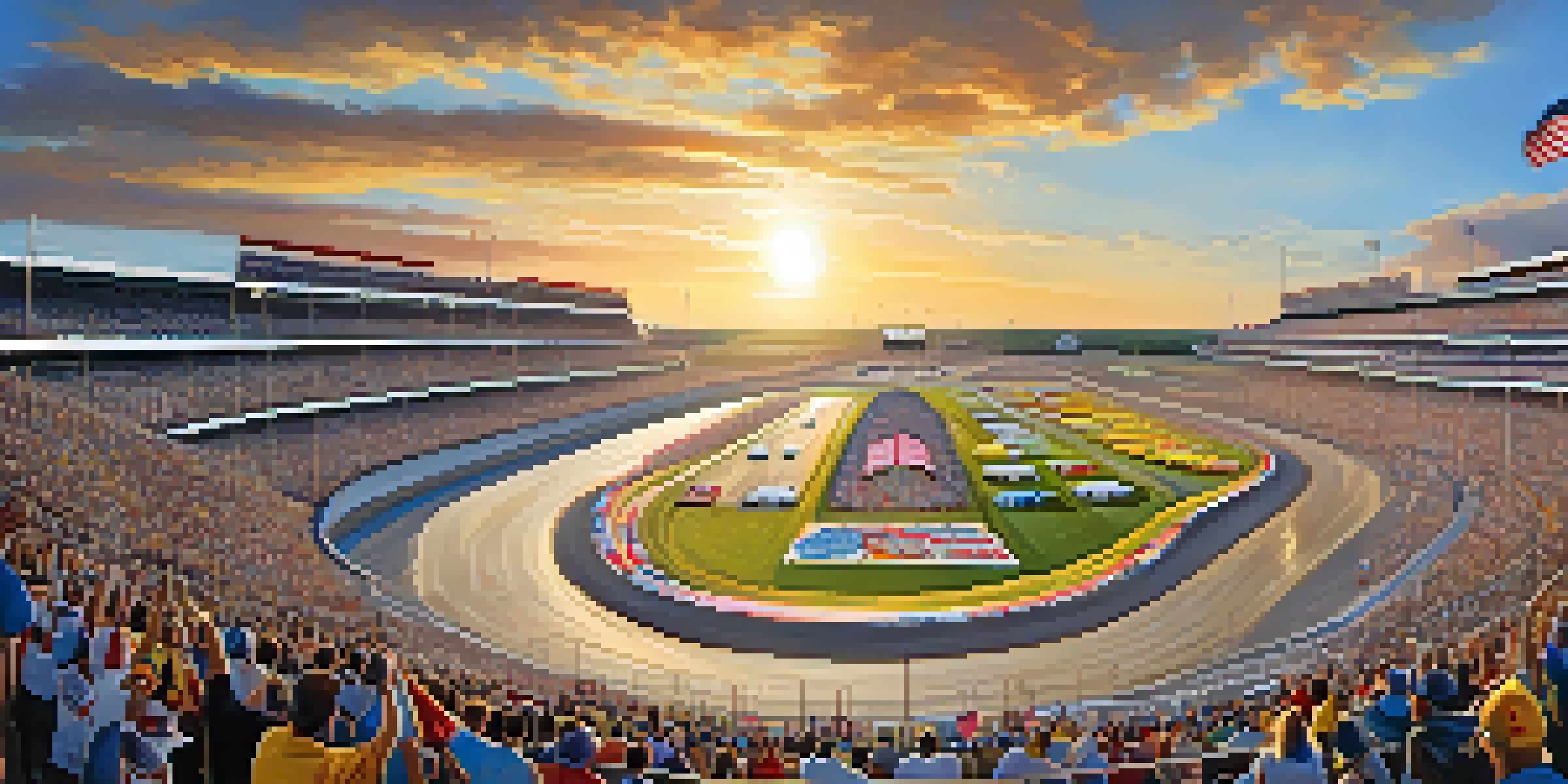 A wide view of Texas Motor Speedway with a lively crowd cheering for a NASCAR race, illuminated by a golden sunset.