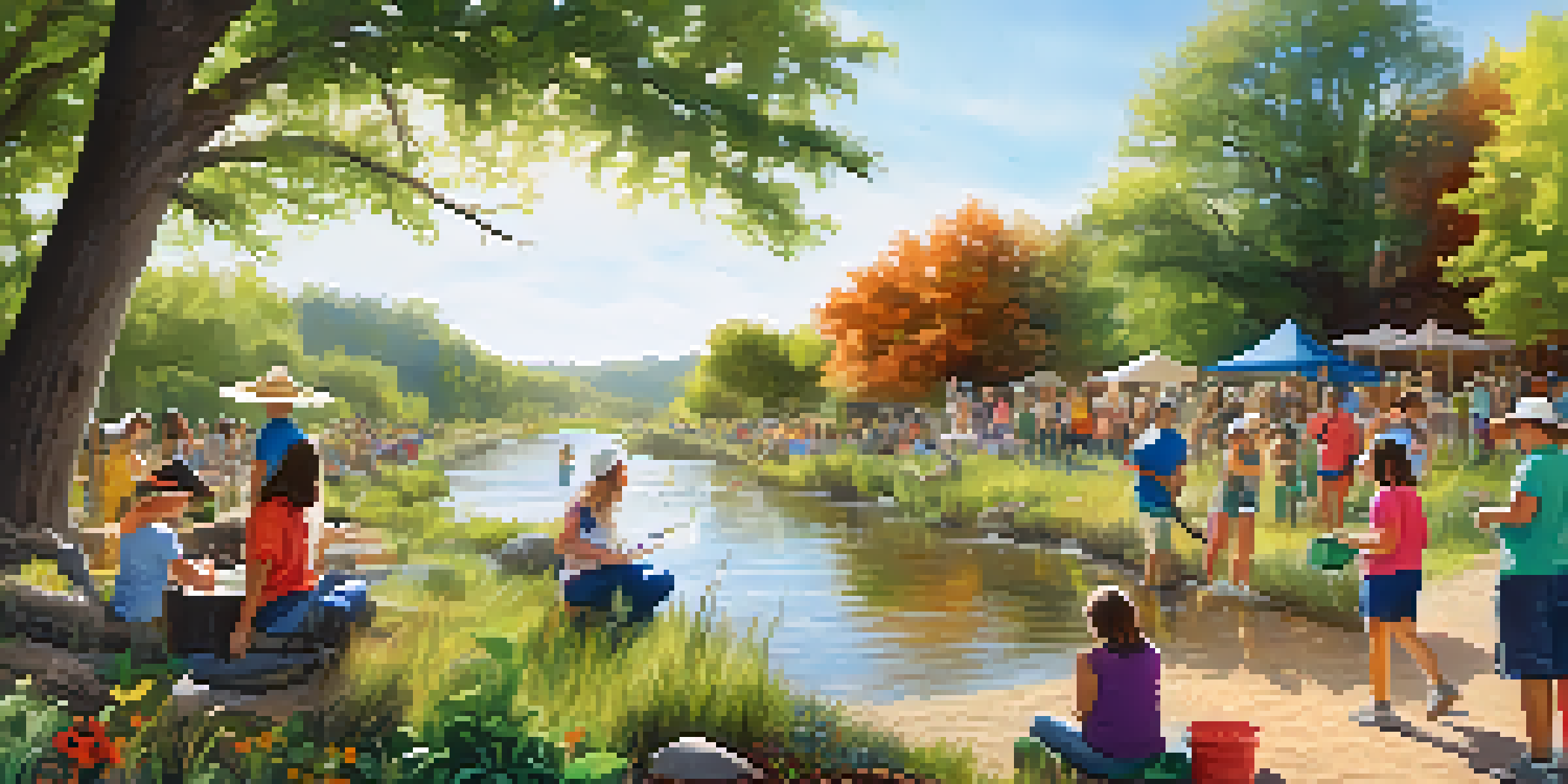 A community event in Texas where families are engaging in wildlife conservation activities, planting native plants by a river.