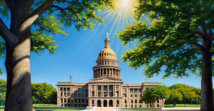 A wide view of the Texas State Capitol building surrounded by green trees, illuminated by sunlight on a clear day.