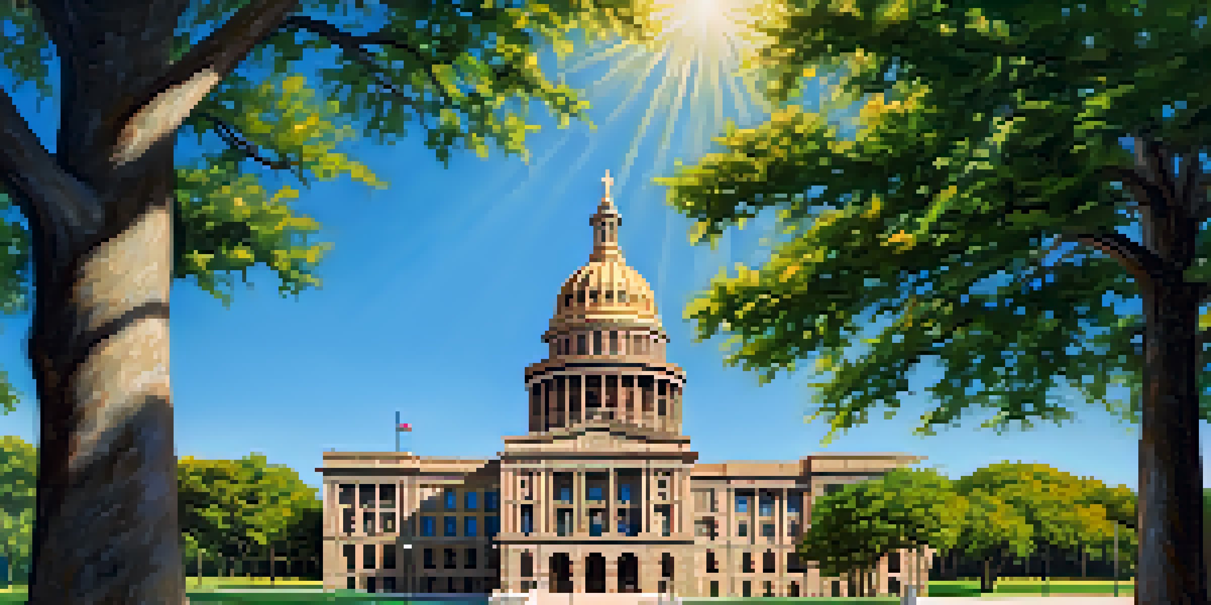A wide view of the Texas State Capitol building surrounded by green trees, illuminated by sunlight on a clear day.