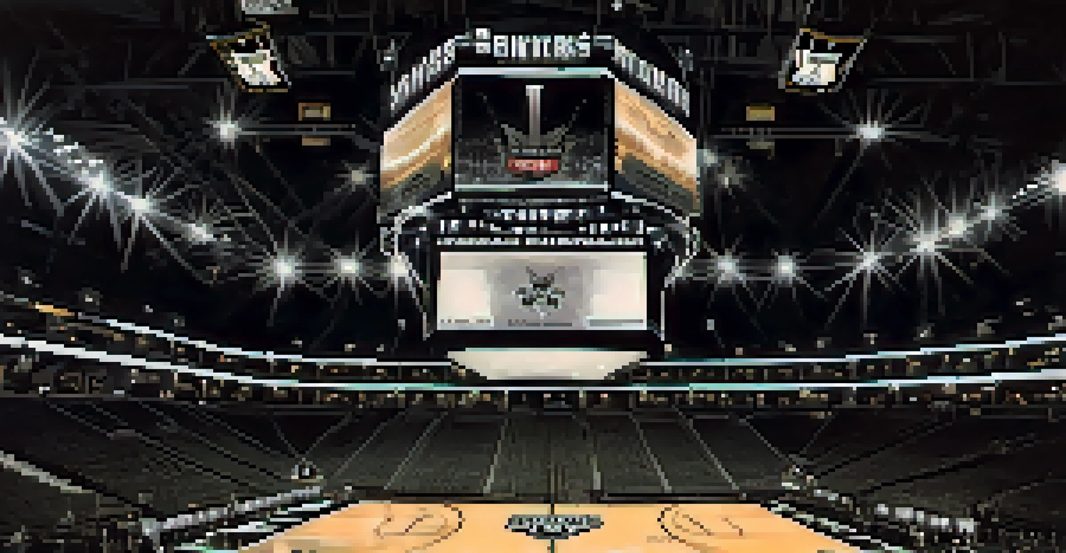 Championship banners of the San Antonio Spurs hanging in the arena, with a polished hardwood floor reflecting soft lights.